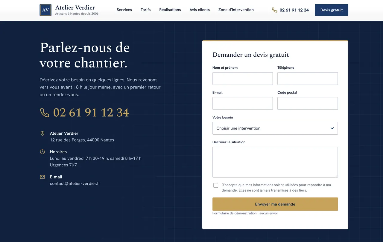 Section contact du modèle Atelier Verdier avec coordonnées et formulaire de demande de devis