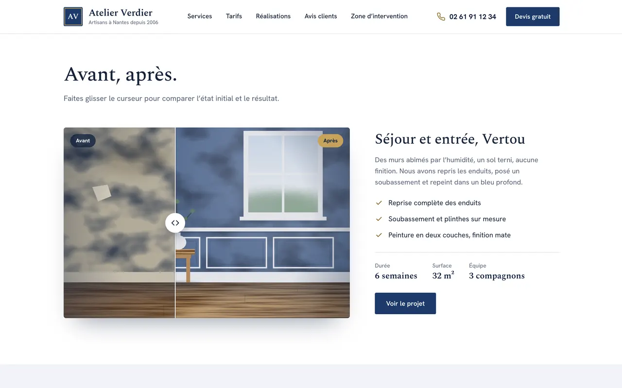 Section réalisations du modèle Atelier Verdier avec comparaison avant et après d'un chantier